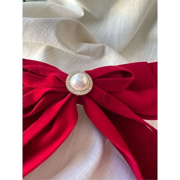 Christmas red pearl button hair bow with rhinestone accents. French clip close. - Picture 3 of 4